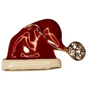 Enamel Christmas Santa Hat Red White Gold Tone Rhinestone Pin Brooch 1.5"